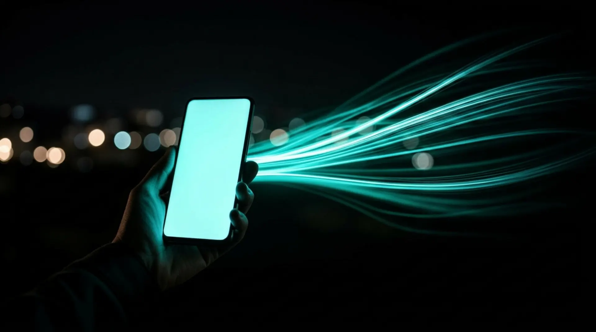 Illuminated smartphone with cyan light trails representing connectivity